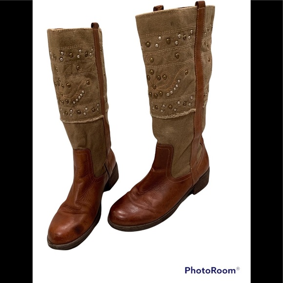 Paris Blues Pull On Leather/Canvas Studded Boots - Picture 1 of 13
